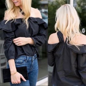 J Crew Off Shoulder Ruffle Tie Neck Black Blouse Top